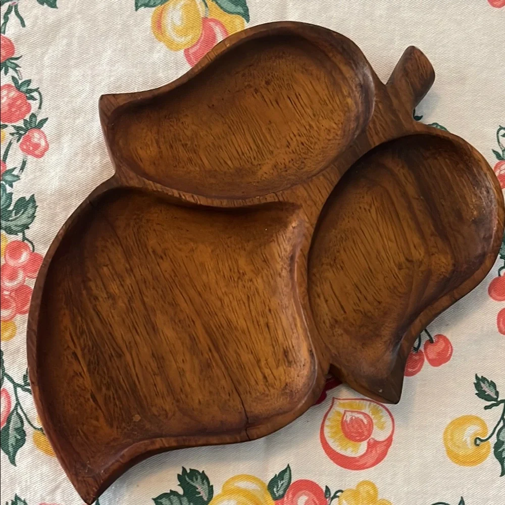 Vintage leaf shape monkey pod divided dish